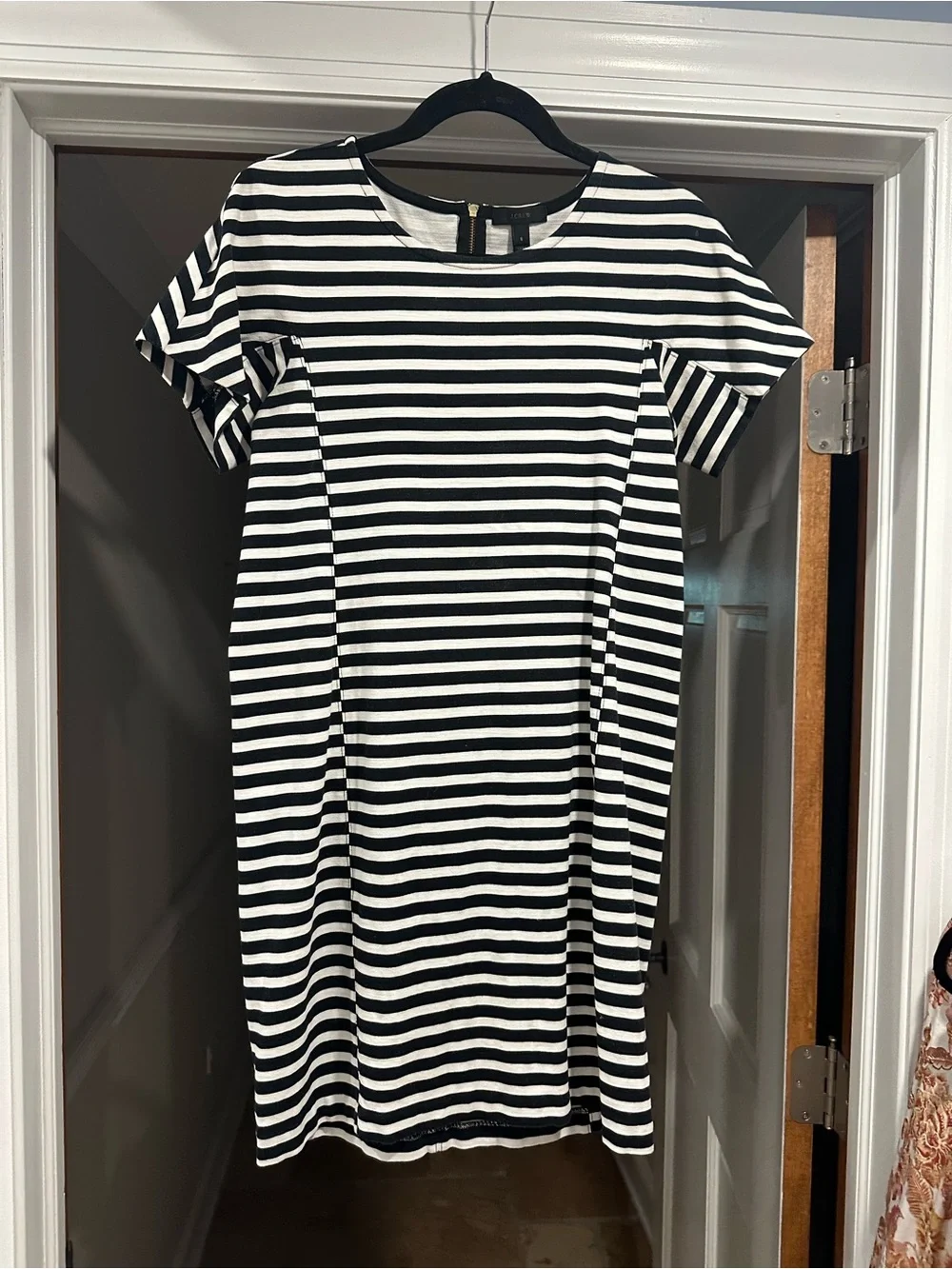 J. Crew Black and White Striped Short-Sleeve Shift Dress